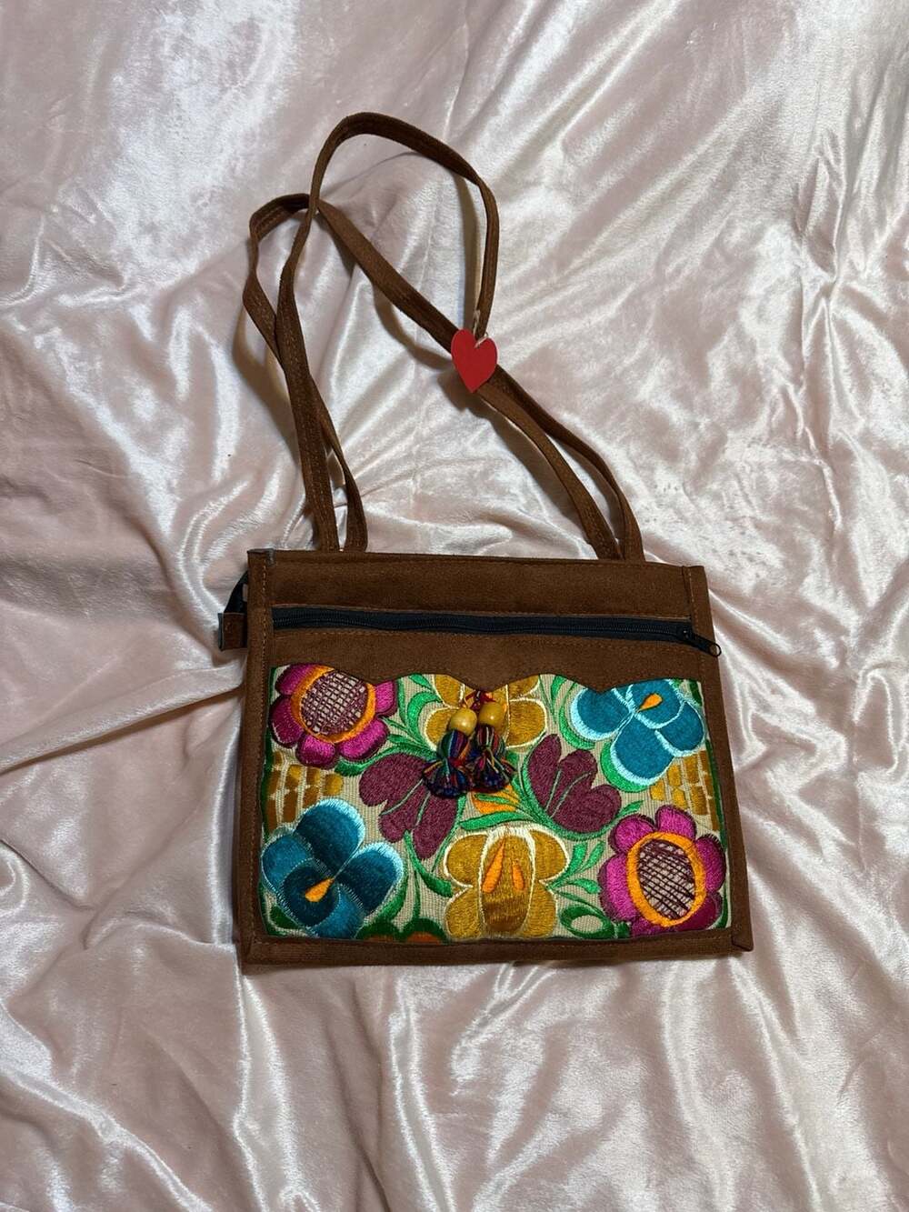 Handmade Mexican Artesanal Embroidered Floral Crossbody Bag with Tassels